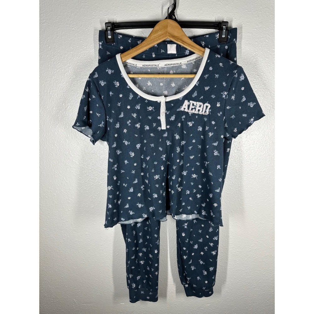 Aeropostale Pajama Set Womens Small Navy Floral Waffle Knit Henley Joggers